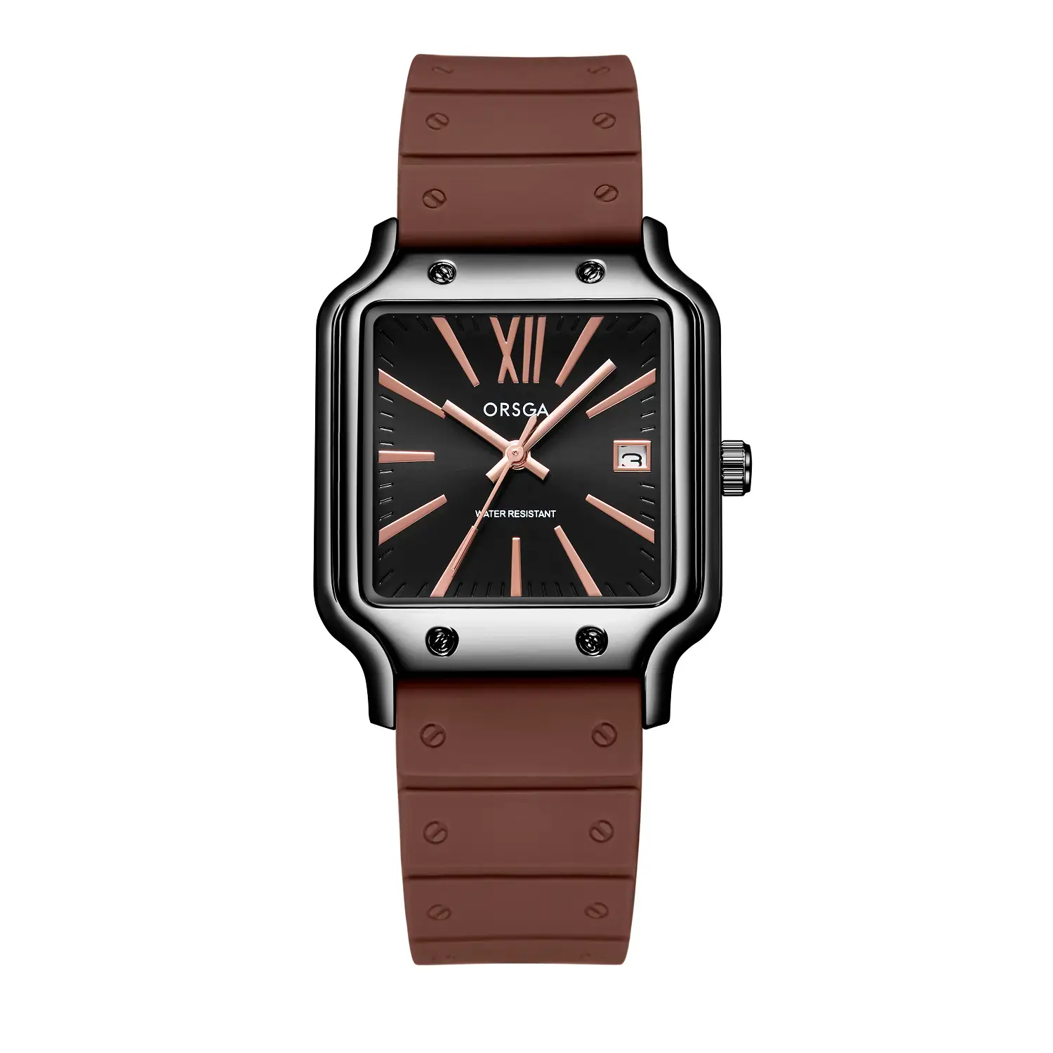 ORSGA Women's Square Watch Brown Silicone Strap Quartz Calendar