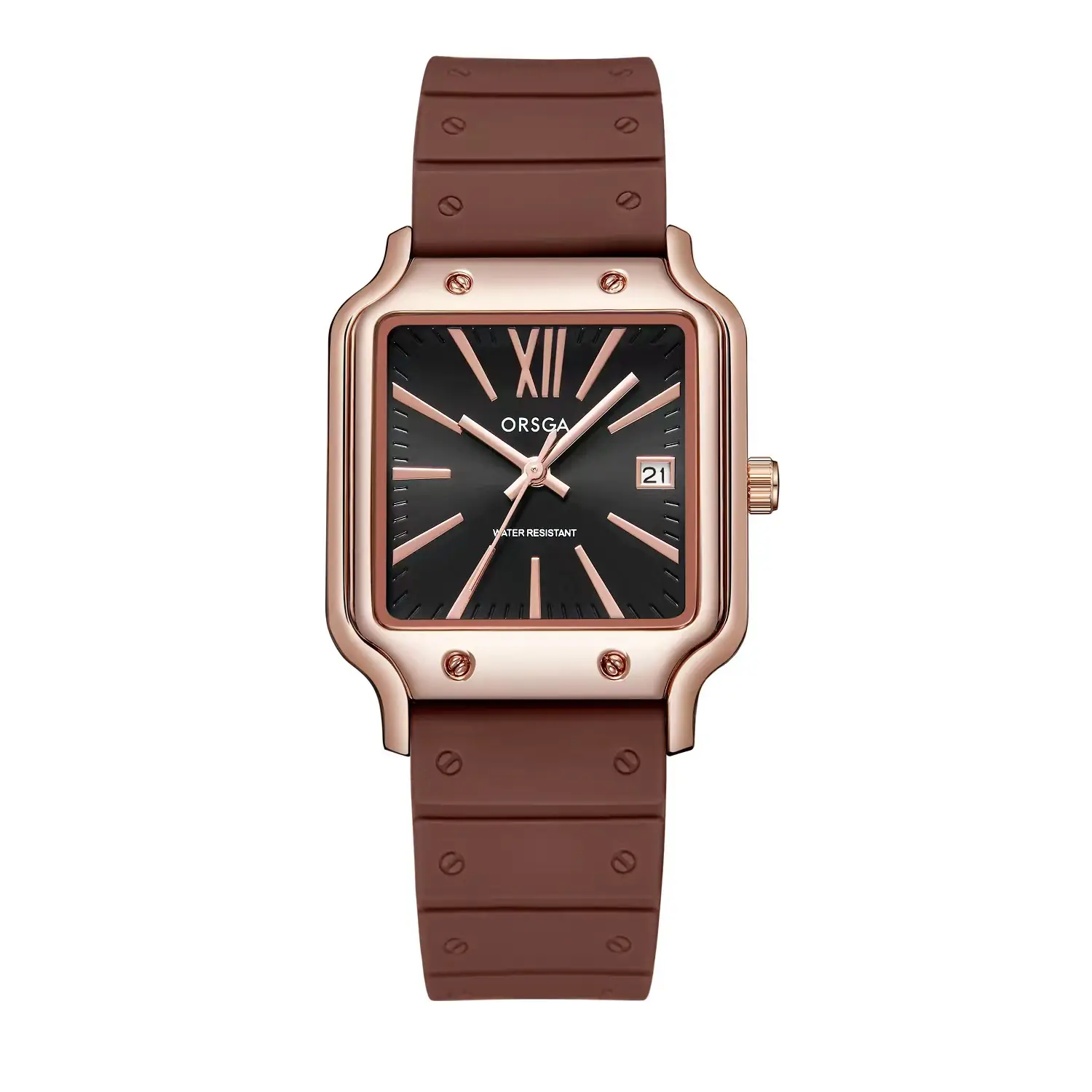 ORSGA Women's Square Watch Brown Silicone Strap Quartz Calendar