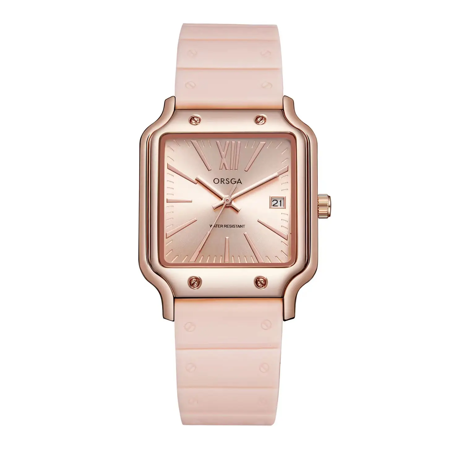 ORSGA Women's Square Watch Brown Silicone Strap Quartz Calendar