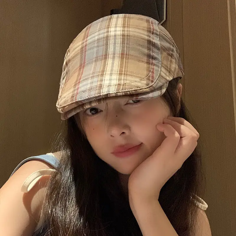 Women Plaid Progressive Hat Summer Retro Artistic Painter's Hat - Image 5