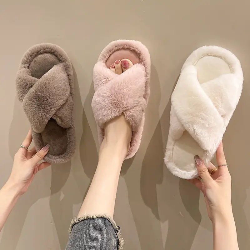 Cross-border foreign trade new home fashion solid color cross Mao Mao slippers women's autumn and winter warm floor open cotton slippers