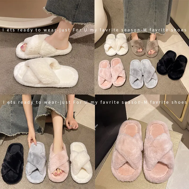 Cross-border foreign trade new home fashion solid color cross Mao Mao slippers women's autumn and winter warm floor open cotton slippers
