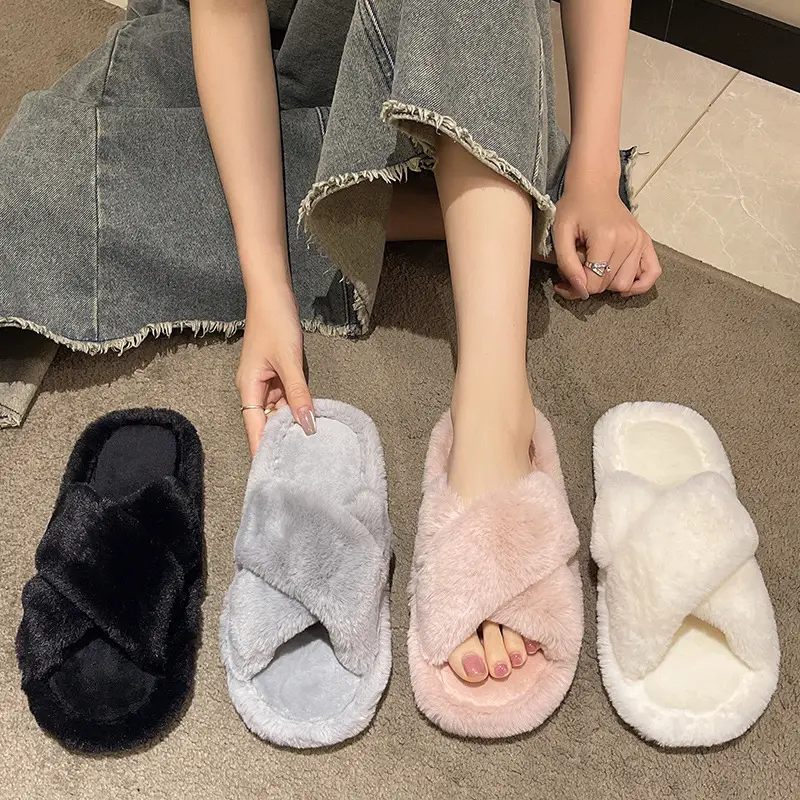 Cross-border foreign trade new home fashion solid color cross Mao Mao slippers women's autumn and winter warm floor open cotton slippers