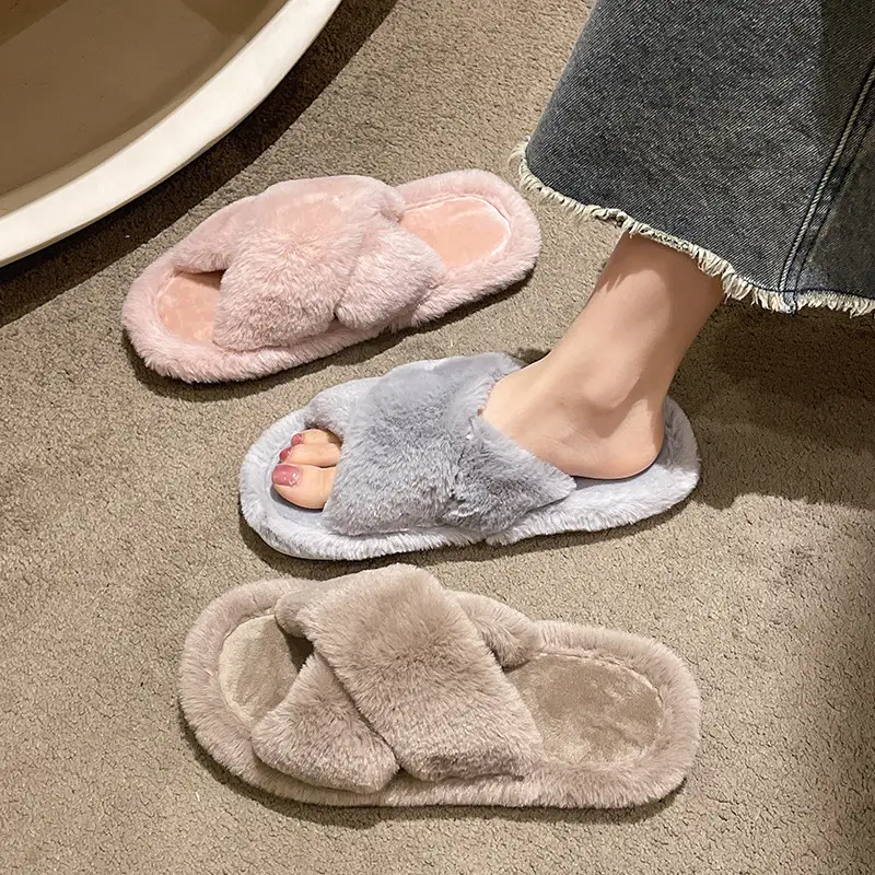 Cross-border foreign trade new home fashion solid color cross Mao Mao slippers women's autumn and winter warm floor open cotton slippers