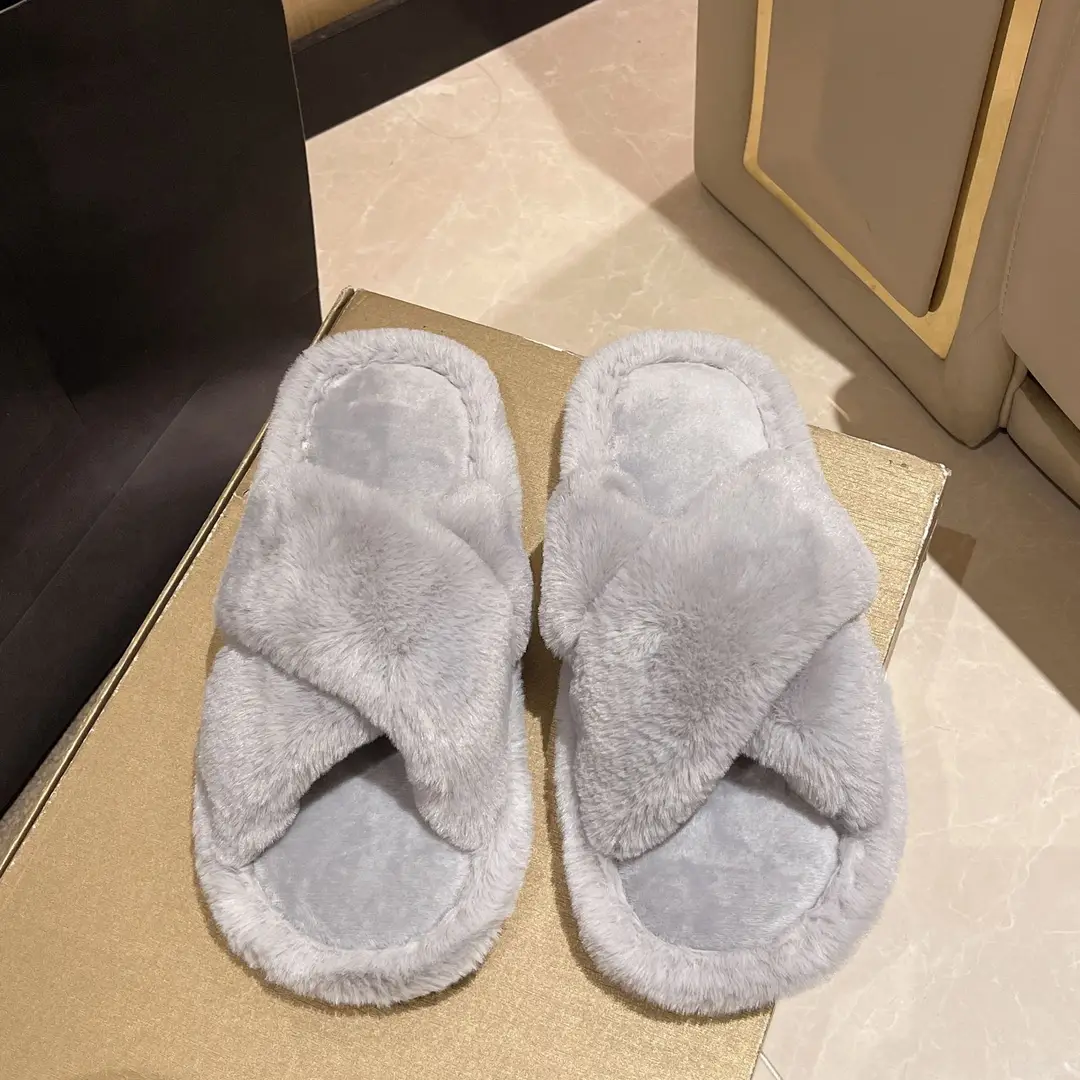 Cross-border foreign trade new home fashion solid color cross Mao Mao slippers women's autumn and winter warm floor open cotton slippers