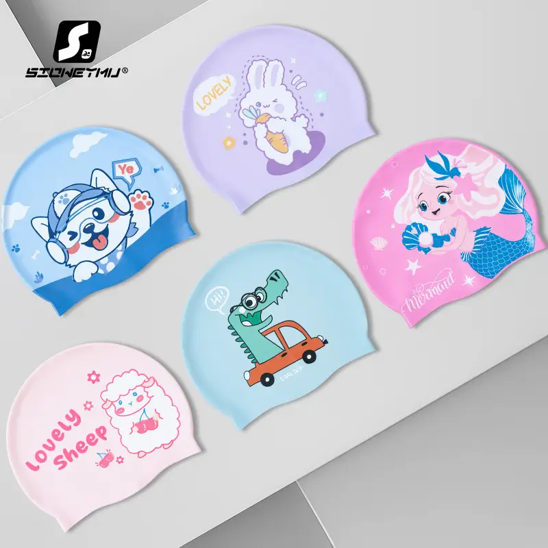 Children's silicone cartoon swimming cap boys and girls long hair waterproof ear protection head cute swimming cap swimming equipment