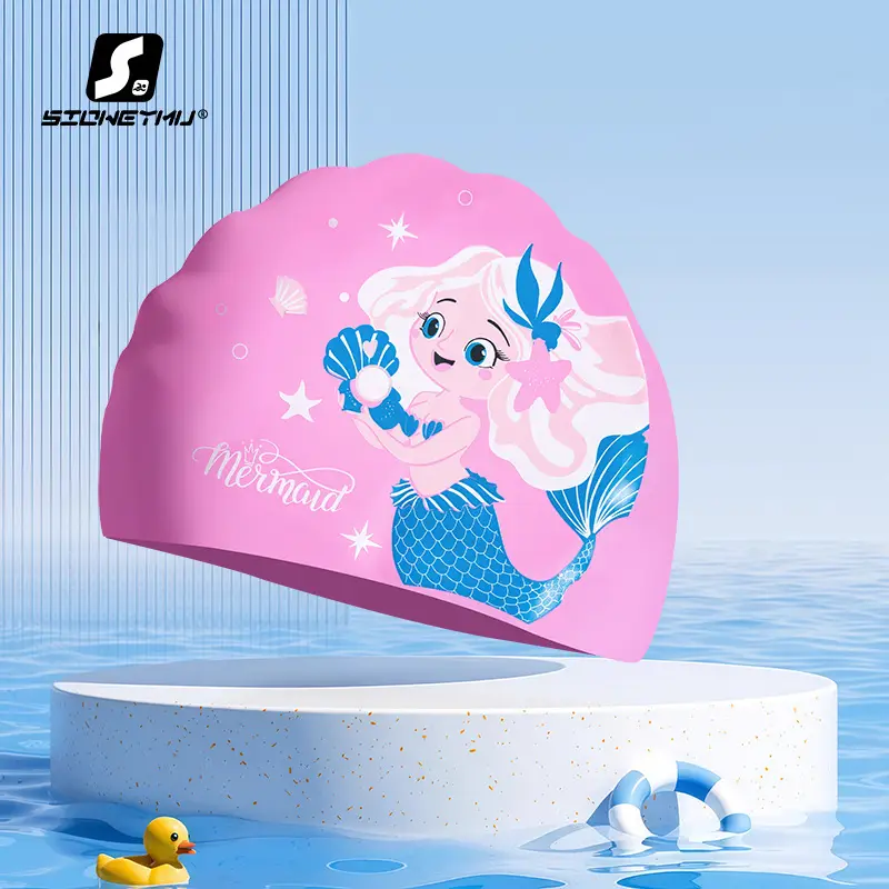 Children's silicone cartoon swimming cap boys and girls long hair waterproof ear protection head cute swimming cap swimming equipment