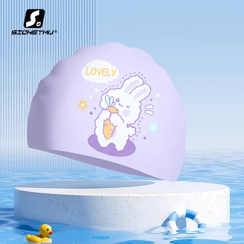 Children's silicone cartoon swimming cap boys and girls long hair waterproof ear protection head cute swimming cap swimming equipment