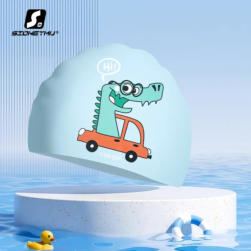 Children's silicone cartoon swimming cap boys and girls long hair waterproof ear protection head cute swimming cap swimming equipment