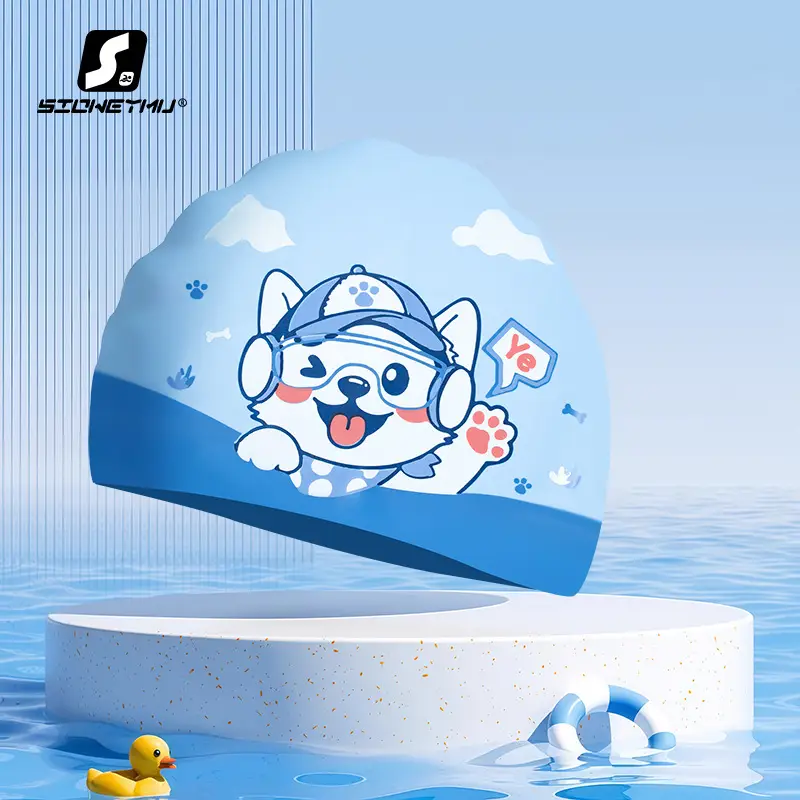 Children's silicone cartoon swimming cap boys and girls long hair waterproof ear protection head cute swimming cap swimming equipment