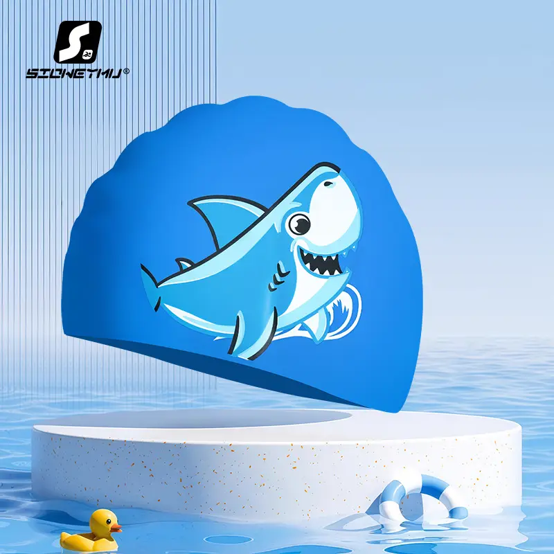 Children's silicone cartoon swimming cap boys and girls long hair waterproof ear protection head cute swimming cap swimming equipment