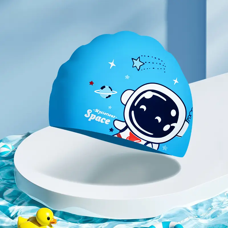 Children's silicone cartoon swimming cap boys and girls long hair waterproof ear protection head cute swimming cap swimming equipment
