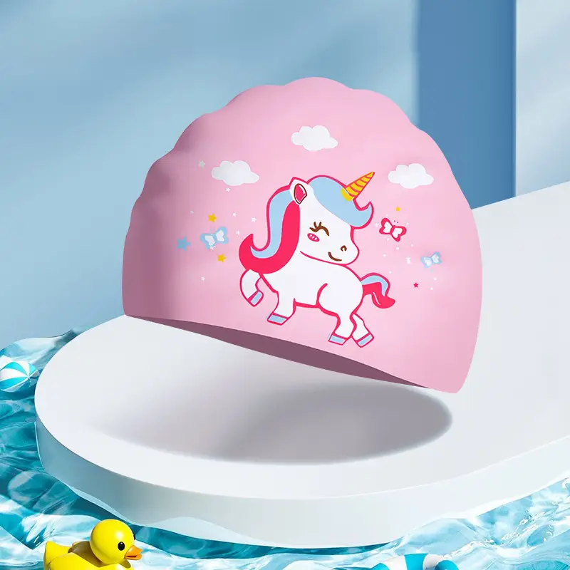 Children's silicone cartoon swimming cap boys and girls long hair waterproof ear protection head cute swimming cap swimming equipment