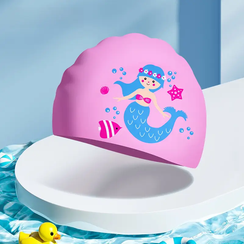 Children's silicone cartoon swimming cap boys and girls long hair waterproof ear protection head cute swimming cap swimming equipment