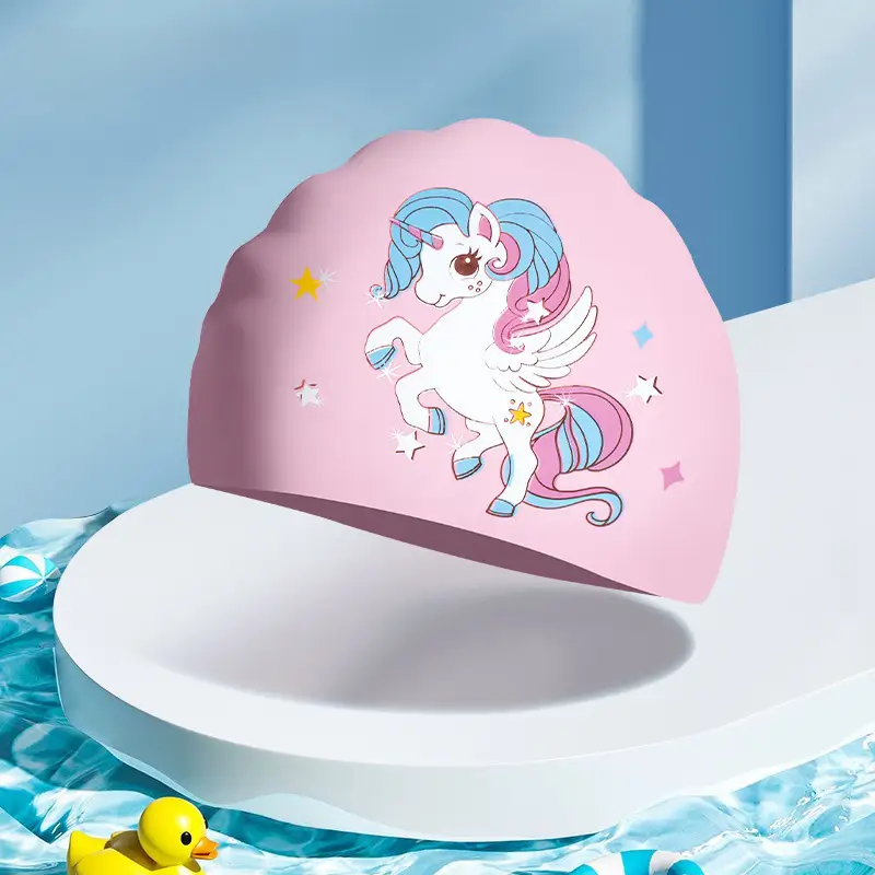 Children's silicone cartoon swimming cap boys and girls long hair waterproof ear protection head cute swimming cap swimming equipment