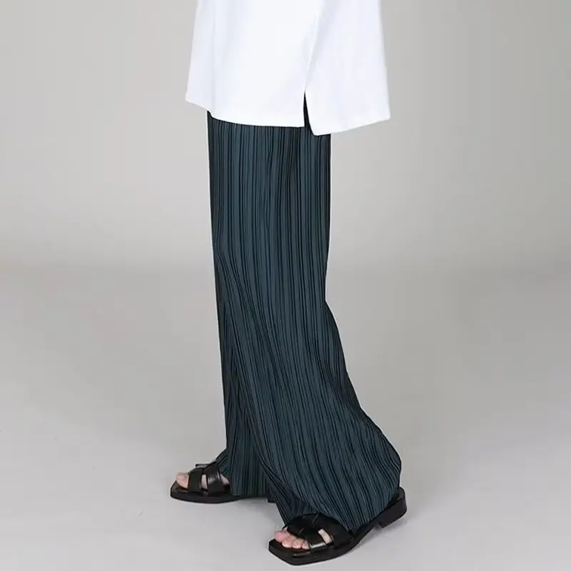 Men's Dark Blue Pleated Wide Leg Pants Loose Fit