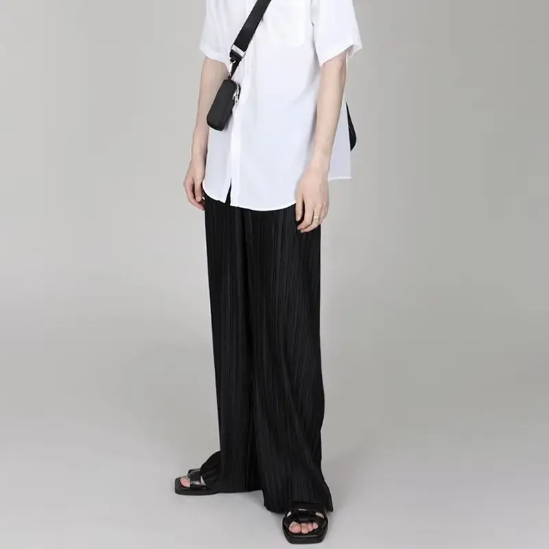Men's Dark Blue Pleated Wide Leg Pants Loose Fit