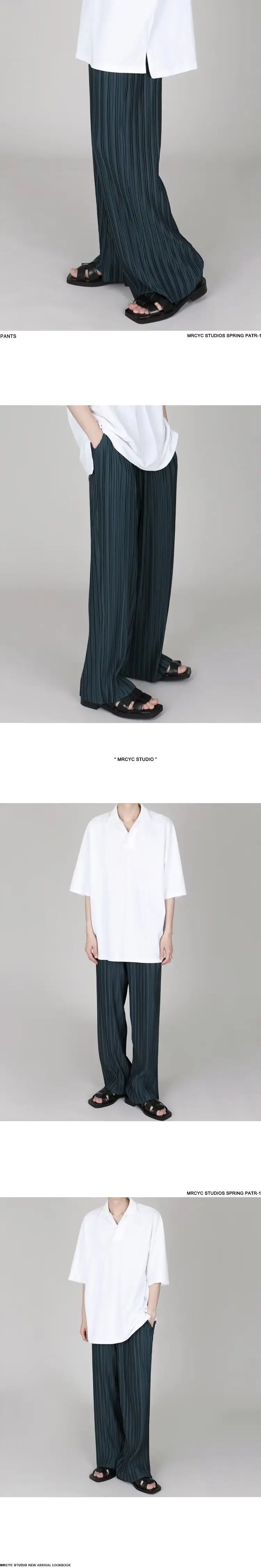 Men's Dark Blue Pleated Wide Leg Pants Loose Fit — feature 3