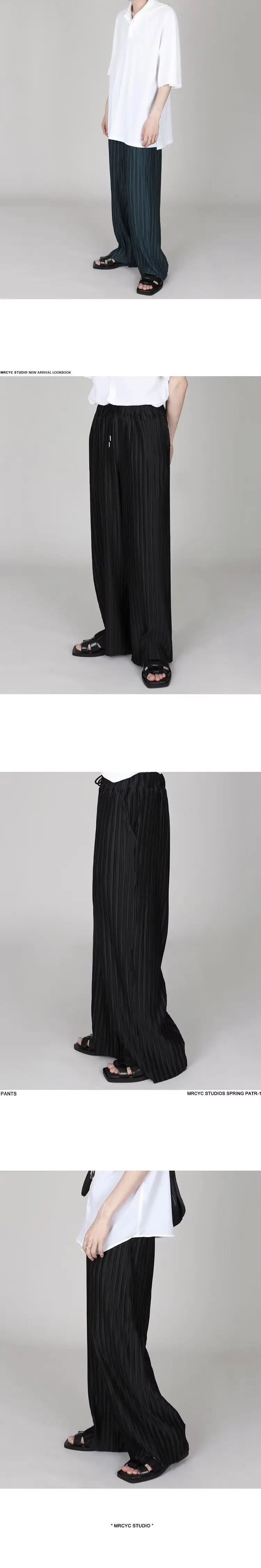 Men's Dark Blue Pleated Wide Leg Pants Loose Fit — feature 5