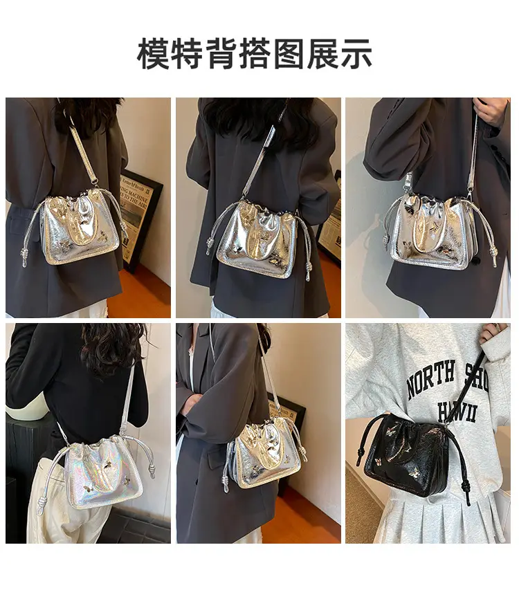 Black Korean Style Pleated Bucket Bag for Women — feature 3