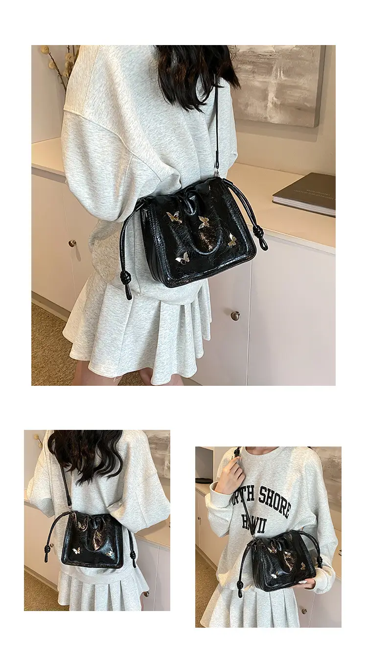 Black Korean Style Pleated Bucket Bag for Women — feature 6