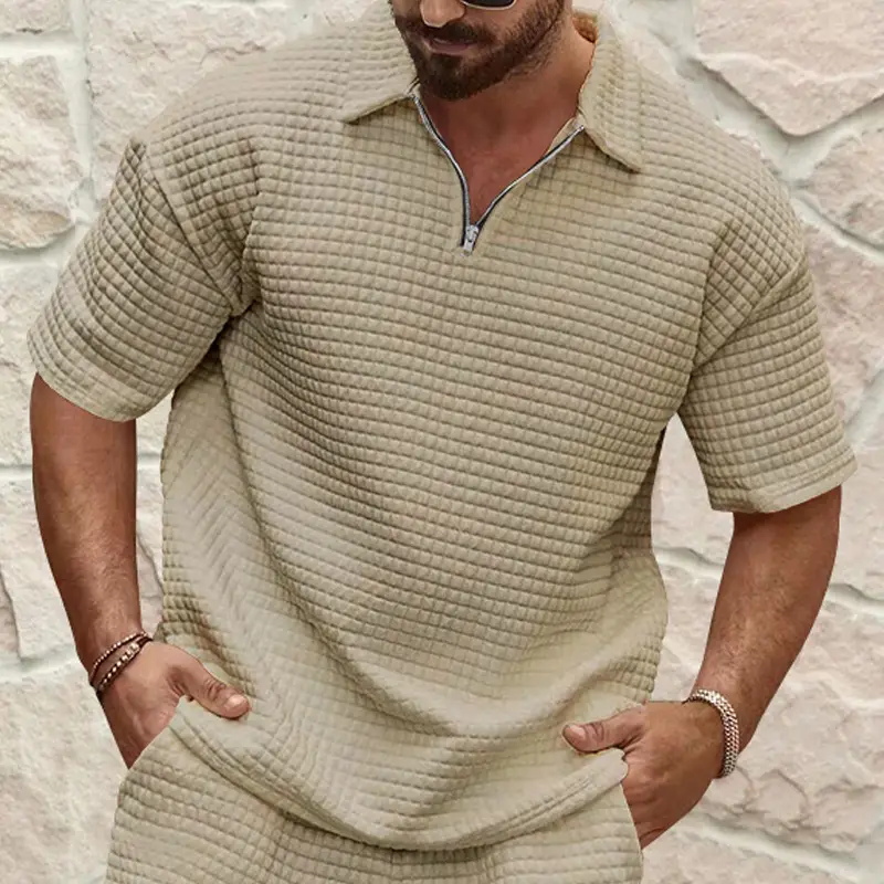 Men's 2025 Summer White Jacquard Polo Shirt Small Square Lapel — feature 16