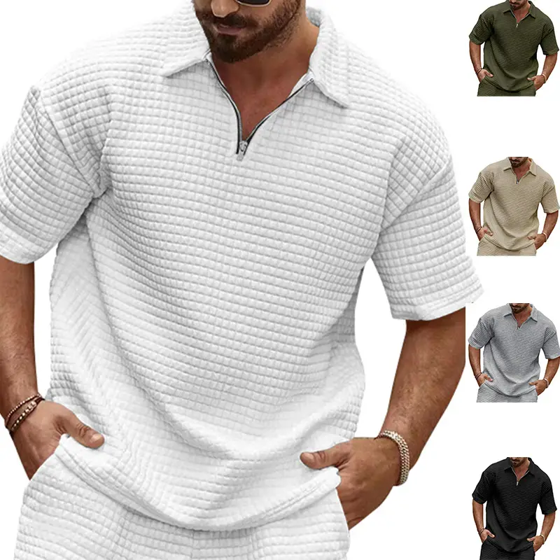 Men's 2025 Summer White Jacquard Polo Shirt Small Square Lapel — feature 3
