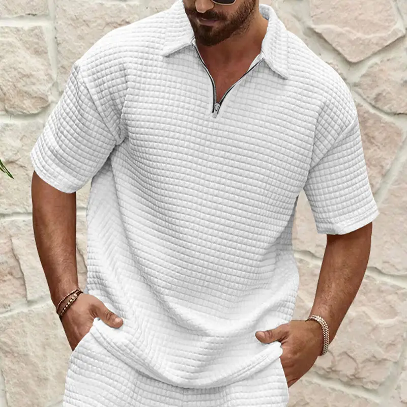 Men's 2025 Summer White Jacquard Polo Shirt Small Square Lapel — feature 6