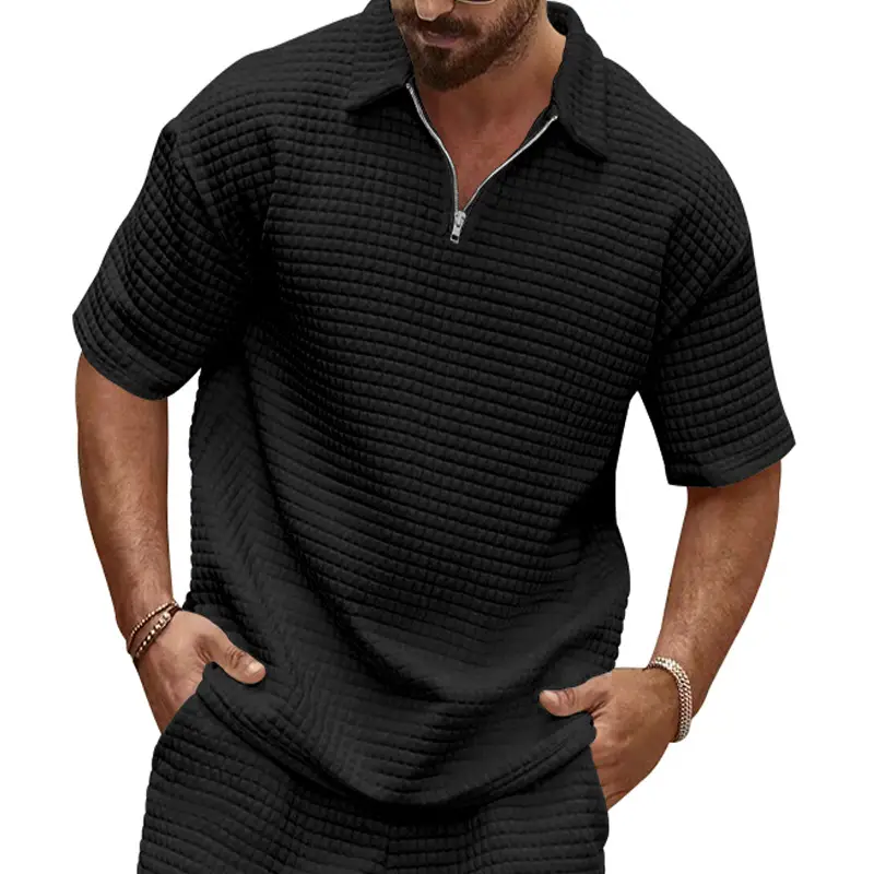 Men's 2025 Summer White Jacquard Polo Shirt Small Square Lapel - Image 3