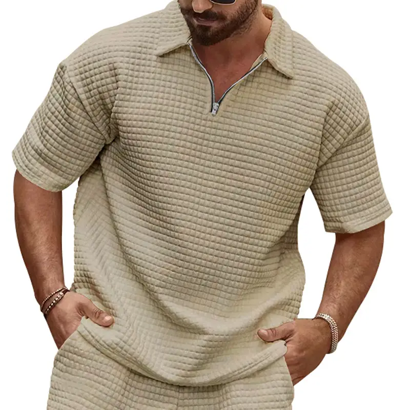 Men's 2025 Summer White Jacquard Polo Shirt Small Square Lapel - Image 5