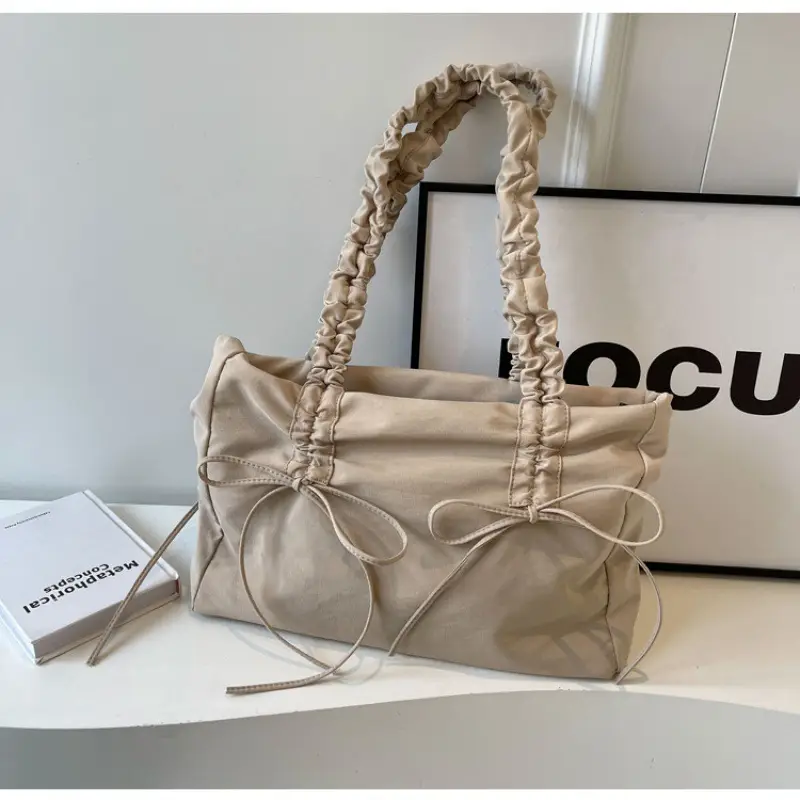 Pink Pleated Bow Tote Bag for Women - Image 4