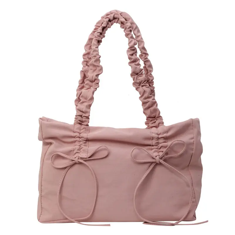 Pink Pleated Bow Tote Bag for Women - Image 11