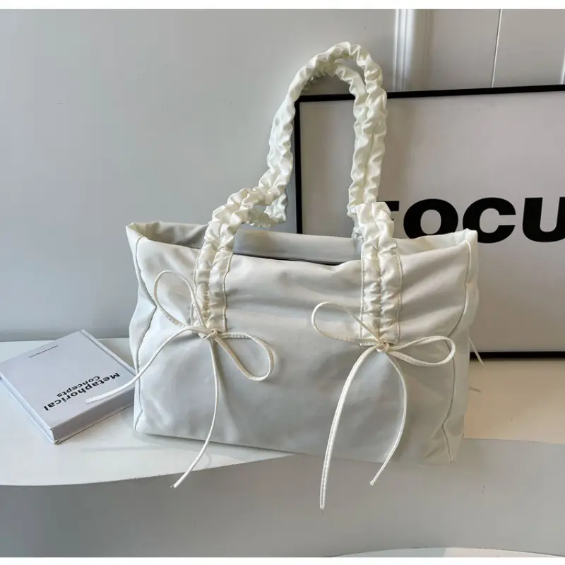 Pink Pleated Bow Tote Bag for Women - Image 2