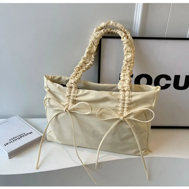 Pink Pleated Bow Tote Bag for Women - Image 6