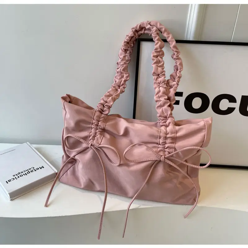 Pink Pleated Bow Tote Bag for Women - Image 7