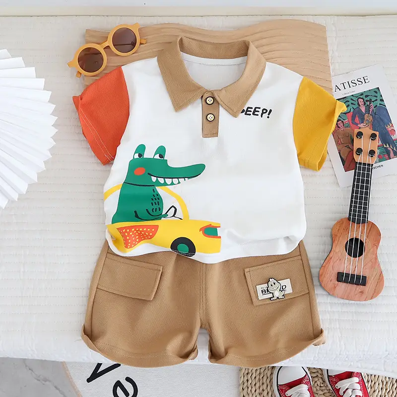 2024 Cartoon Boys T-Shirt Shorts Set Green Yellow - Image 2
