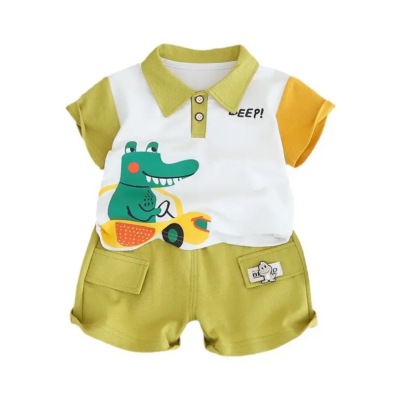 2024 Cartoon Boys T-Shirt Shorts Set Green Yellow - Image 5