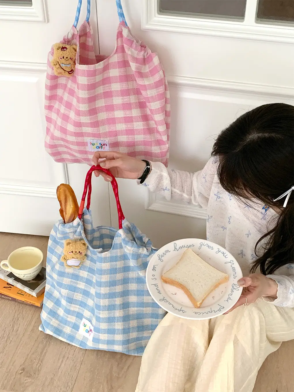 Pink Plaid Drawstring Shoulder Bag Large Capacity - Image 5