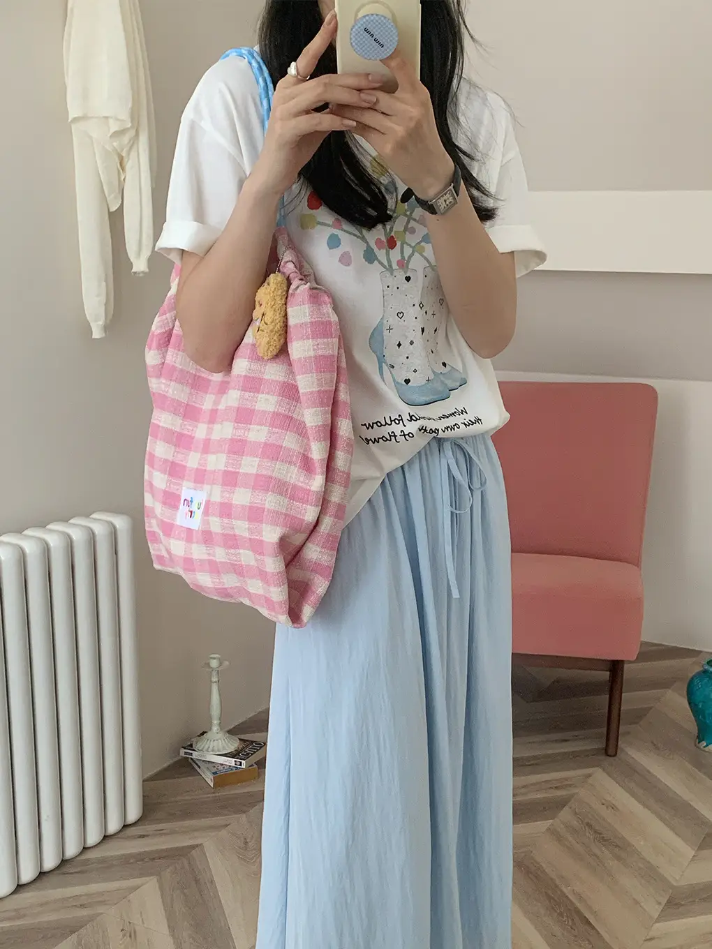Pink Plaid Drawstring Shoulder Bag Large Capacity - Image 6