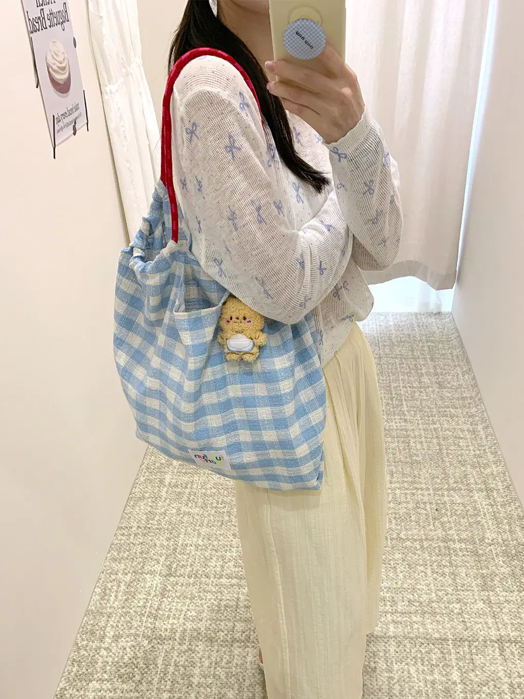 Pink Plaid Drawstring Shoulder Bag Large Capacity - Image 7