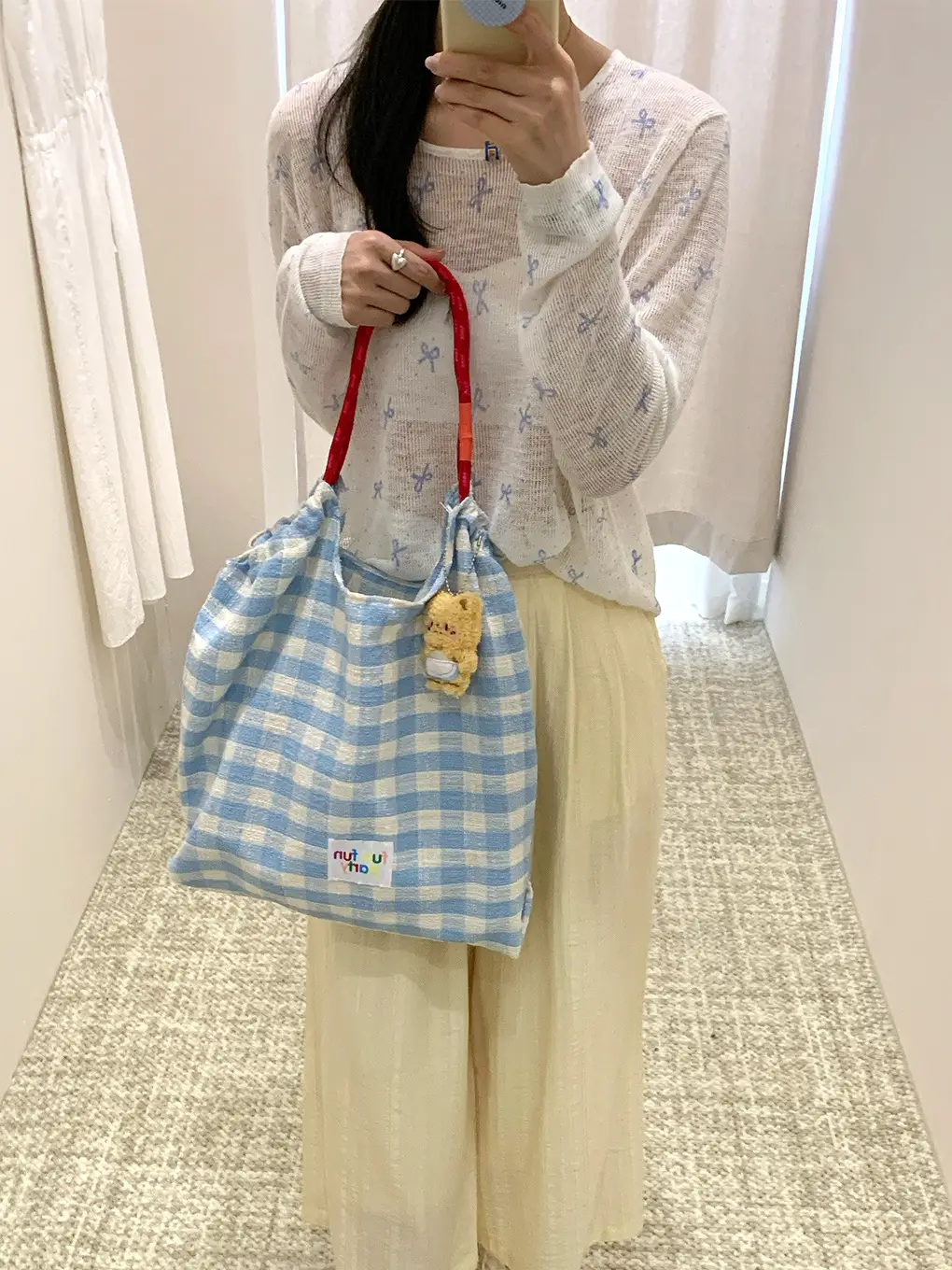 Pink Plaid Drawstring Shoulder Bag Large Capacity — feature 14
