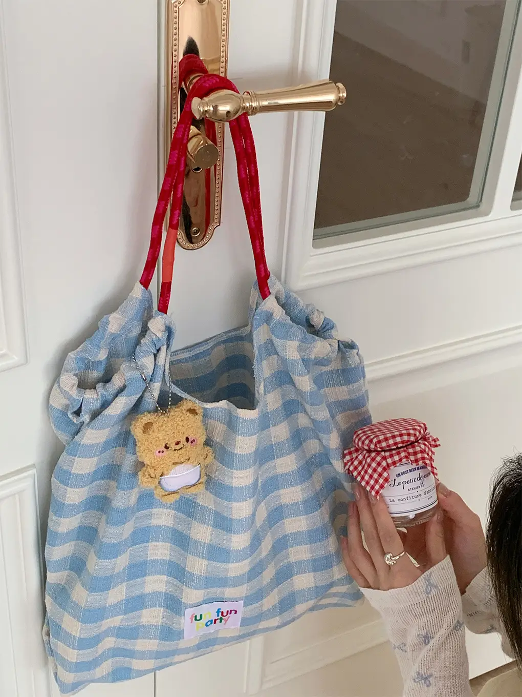 Pink Plaid Drawstring Shoulder Bag Large Capacity - Image 4