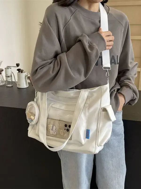 Women's Large Capacity Tan Tote Bag with Transparent Pocket - Image 9