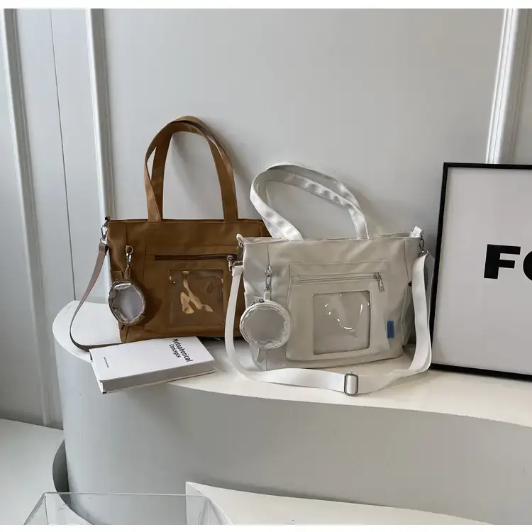 Women's Large Capacity Tan Tote Bag with Transparent Pocket — feature 17