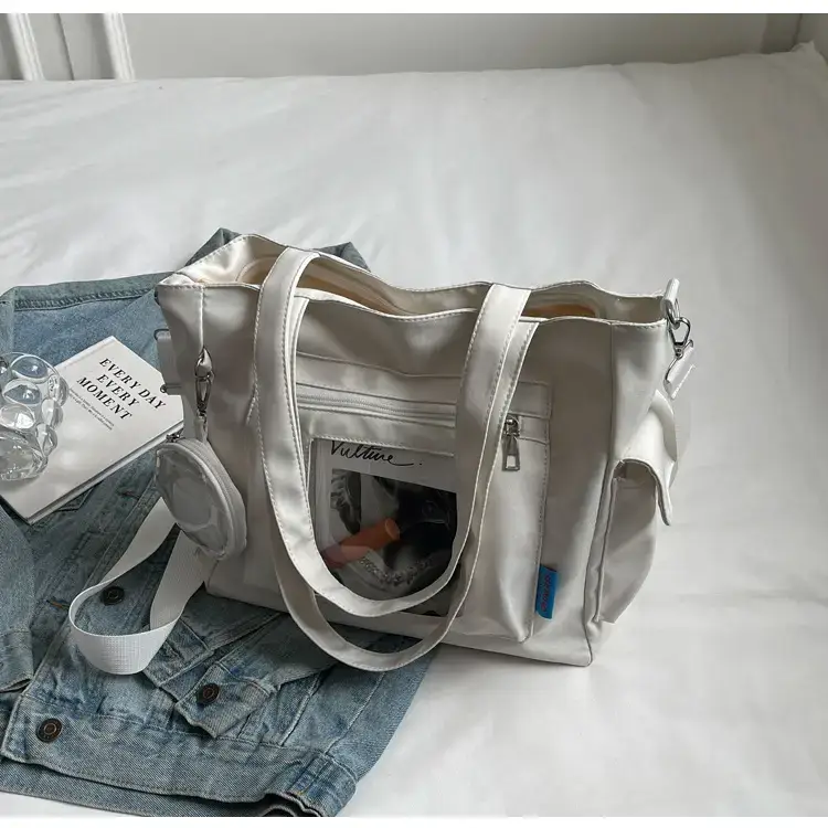 Women's Large Capacity Tan Tote Bag with Transparent Pocket — feature 32
