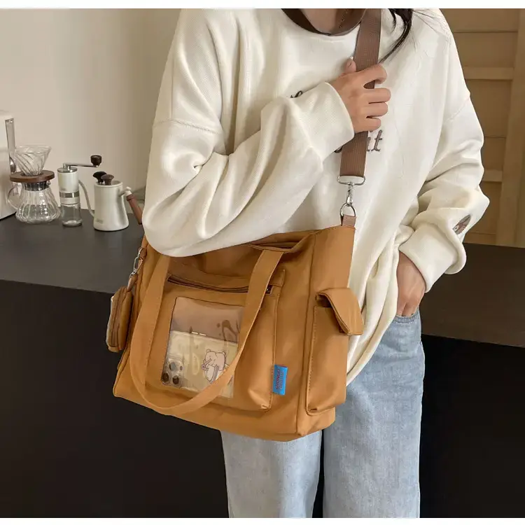 Women's Large Capacity Tan Tote Bag with Transparent Pocket — feature 43