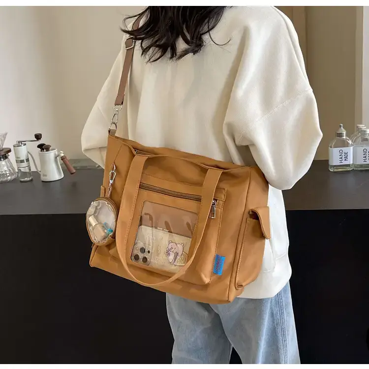Women's Large Capacity Tan Tote Bag with Transparent Pocket — feature 45
