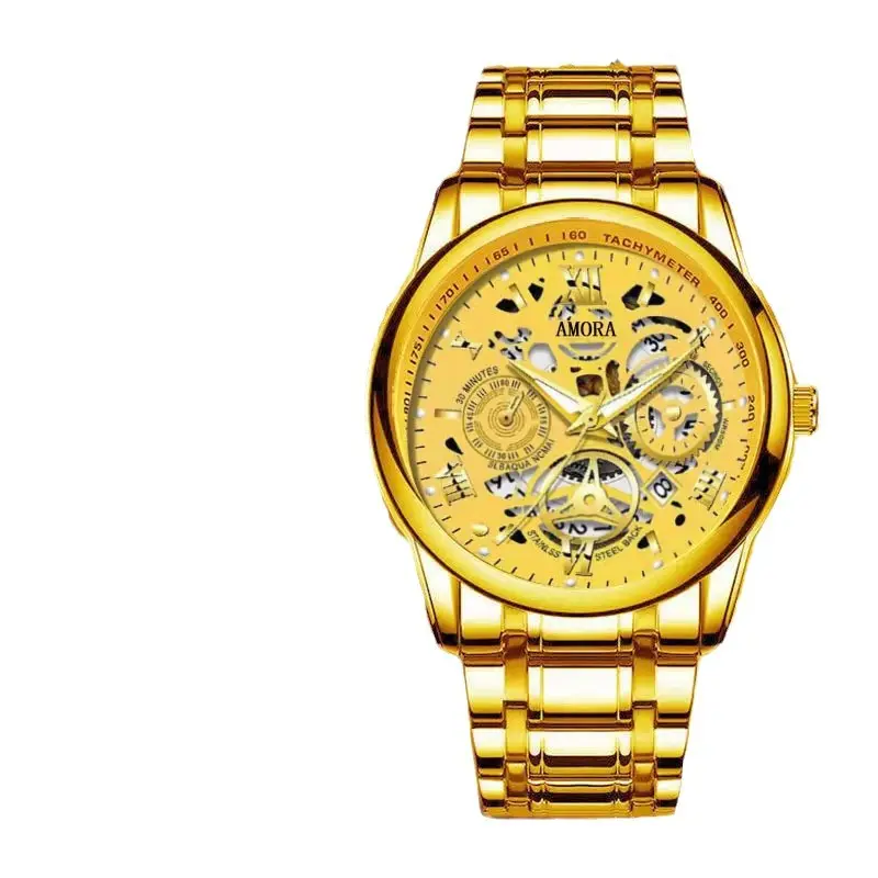 Men's Waterproof Luminous Skeleton Watch Gold Black - Image 7