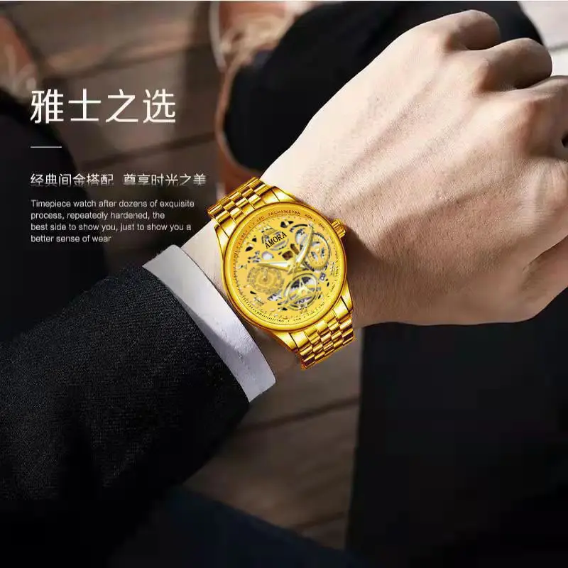 Men's Waterproof Luminous Skeleton Watch Gold Black — feature 10