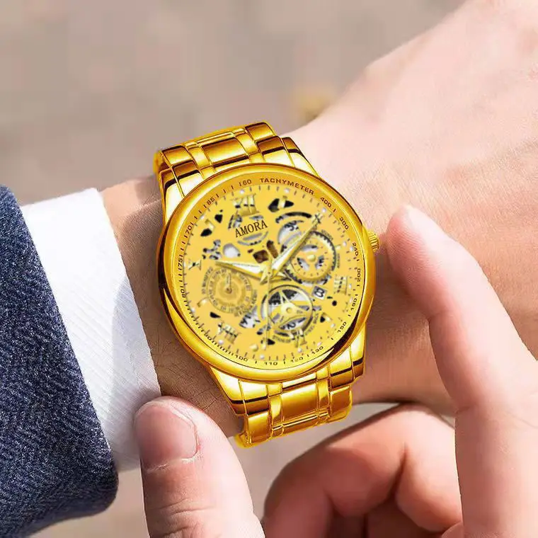 Men's Waterproof Luminous Skeleton Watch Gold Black — feature 13